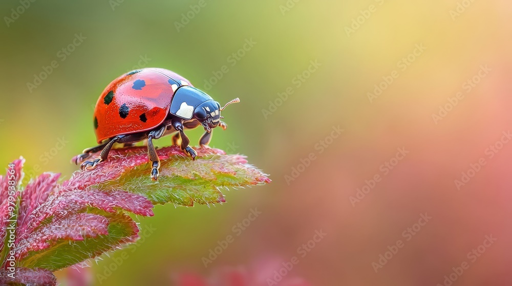 A tight shot of a ladybug perched on a plant, displaying its red and black spots on hind legs A tight shot of a ladybug perched on a plant, displaying its red and black spots on hind legs