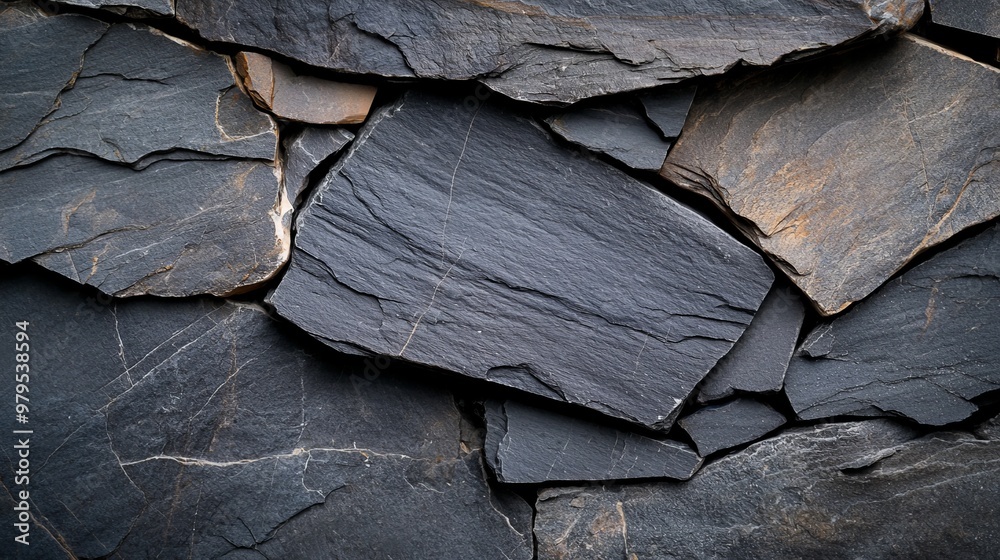 A stack of black slates atop a stack of browner ones, both atop a foundation of black slates A stack of black slates atop a stack of browner ones, both atop a foundation of black slates