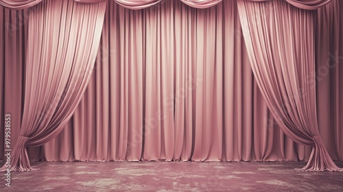 Elegant pink curtains adorn a stage backdrop, casting a delicate and stylish ambiance for an upcoming performance.