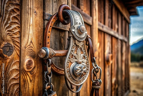 A beautifully crafted western horse bit featuring intricate engravings and ornate details, attached to a leather bridle, against a rustic wooden barn door background. photo