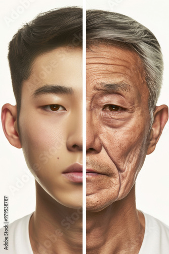 Split portrait of young and elderly Asian male faces, highlighting aging concept