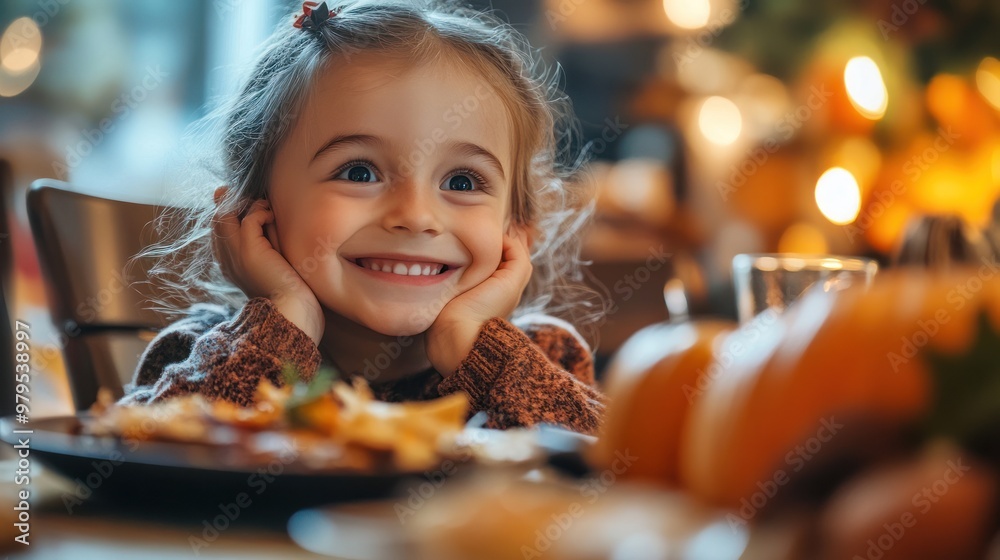 Naklejka premium Young girl at dinner table with joyful holiday spirit.