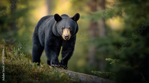  A large black bear atop a tree trunk in the forest, nearby a downed trunk photo