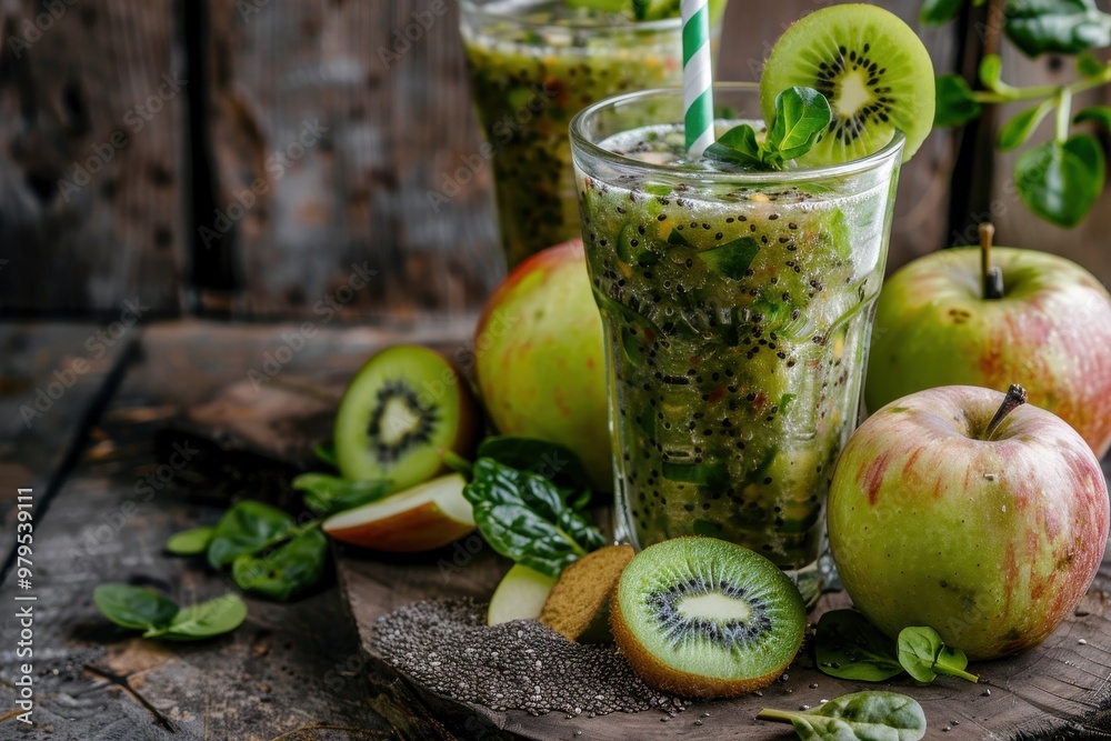 Green smoothie with fruit and chia seeds in glass on rustic background Green smoothie with fruit and chia seeds in glass on rustic background
