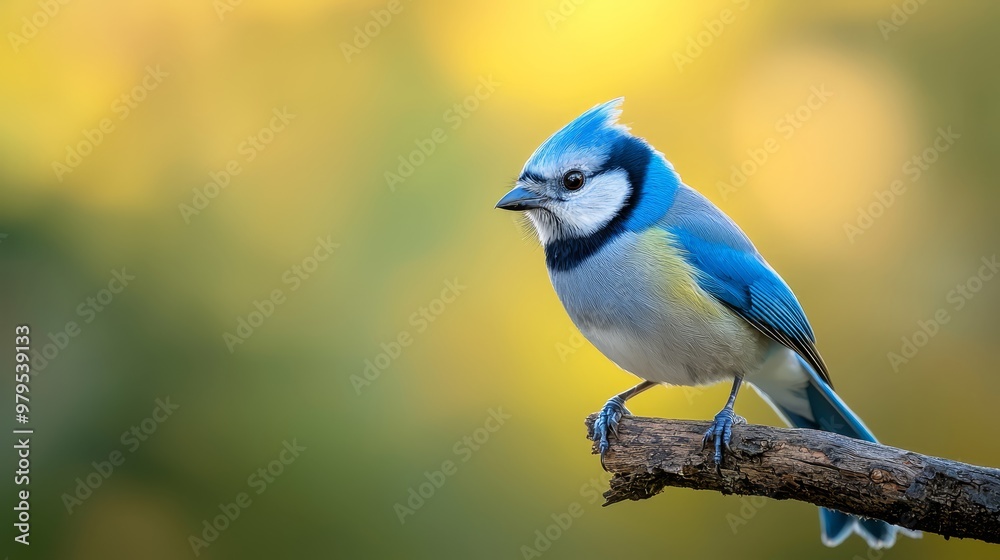 Blue-and-white bird atop green tree branch against yellow-green background Blue-and-white bird atop green tree branch against yellow-green background