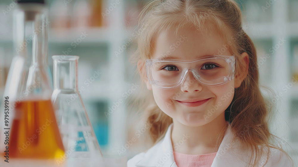 Cute girl in safety glasses with chemicals in test tubes in laboratory. Concepts. Classroom learning and science experiments and research. Cute girl in safety glasses with chemicals in test tubes in laboratory. Concepts. Classroom learning and science experiments and research.