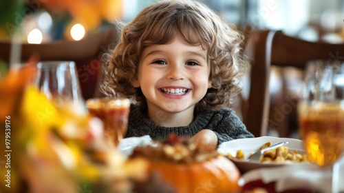 Smiling child at festive autumn dining table