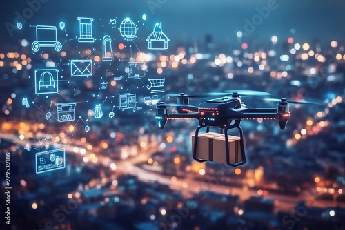 A sleek drone flying over a busy urban skyline, carrying a package, symbolizing the future of express e-commerce delivery