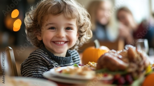 Joyful child in festive mood at a warmly lit table. photo