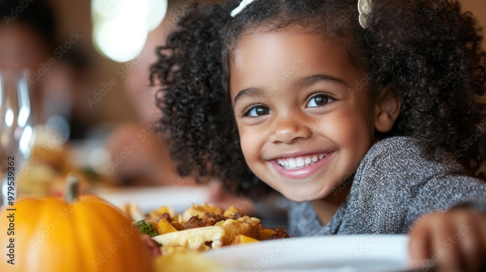 Naklejka premium Smiling child amidst festive autumn dinner setting