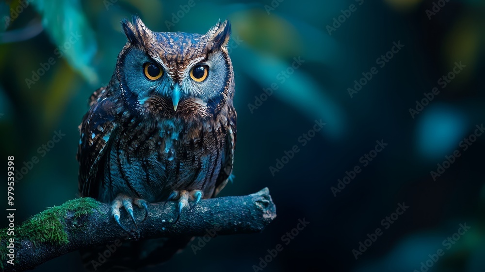 An owl perches on a tree branch, surrounded by green foliage in the foreground Background softly blurred An owl perches on a tree branch, surrounded by green foliage in the foreground Background softly blurred
