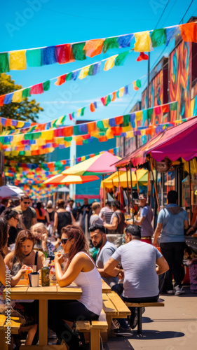 Colorful national hispanic heritage month market street with traditional decorations and people
