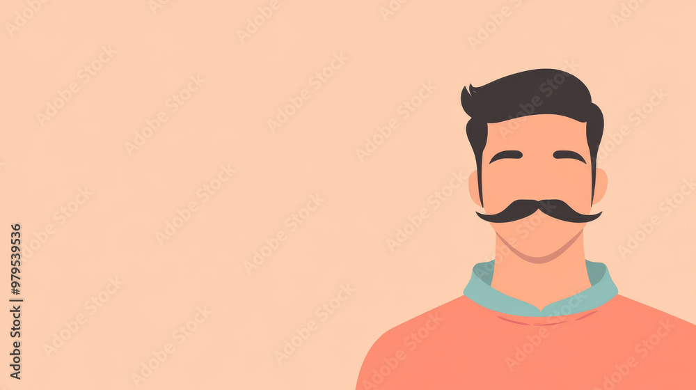 Illustration of young adult man with mustache on color background with copy space Illustration of young adult man with mustache on color background with copy space
