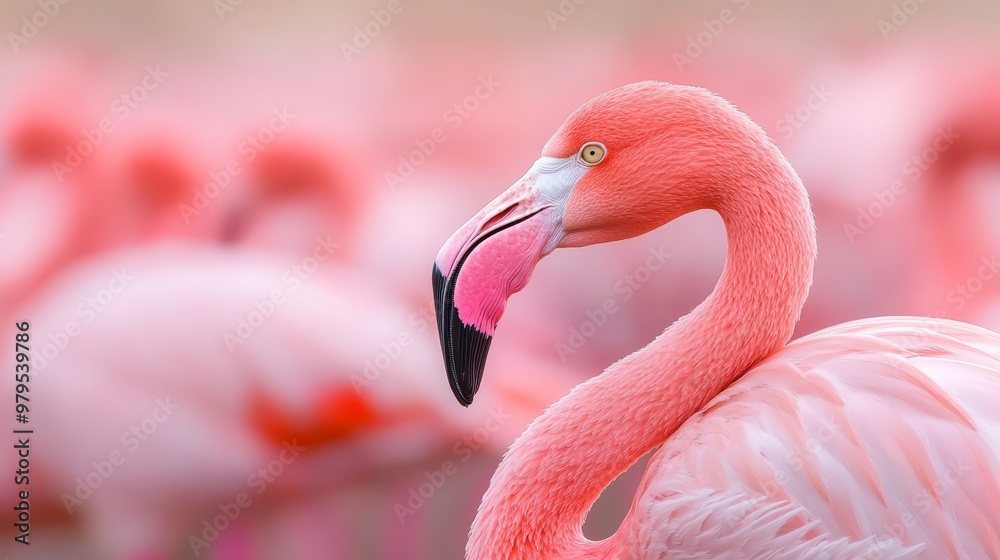 Obraz premium A close-up of a pink flamingo is sharp, while the background with other flamingos is blurred