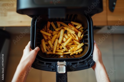 Holding air fryer basket with fries in kitchen Top view of vegan food