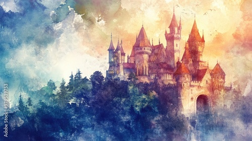 Fantasy castle in watercolor, its vibrant colors and delicate details forming a charming fairytale scene.