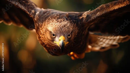  A tight shot of a raptor with spread wings and widened gaze