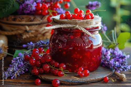 Homemade redcurrant jam with lavender in a jar photo