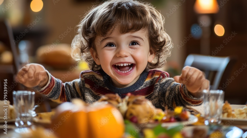 Joyful toddler celebrating with a hearty dinner. Joyful toddler celebrating with a hearty dinner.