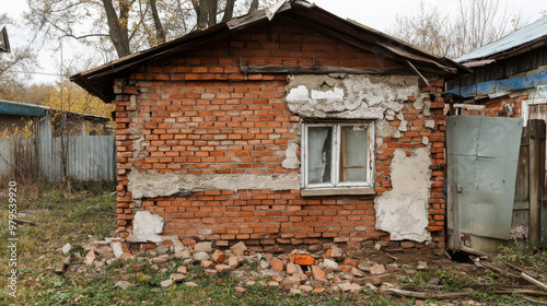 The brick wall of the house has a crack, and the foundation is also damaged.