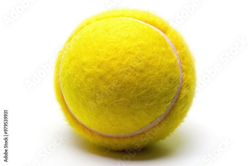 A bright yellow tennis ball with slight fuzz and texture, isolated on a white background, perfect for sports-themed designs, illustrations, and graphic elements. photo