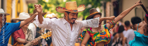 Festive street scene with smiling people in traditional Mexican clothing singing and dancing