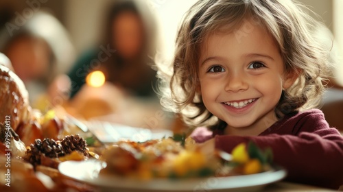 Child's delightful smile at festive holiday dinner.