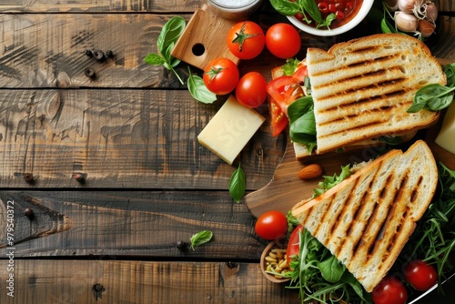 Making sandwiches with various fillings Sandwich press and ingredients on wood photo