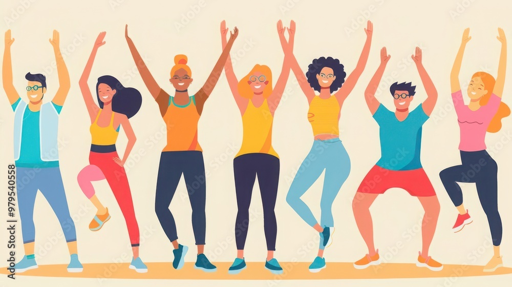 Illustration of a cheerful group participating in a fitness class, Stay young, Healthy and happy Illustration of a cheerful group participating in a fitness class, Stay young, Healthy and happy