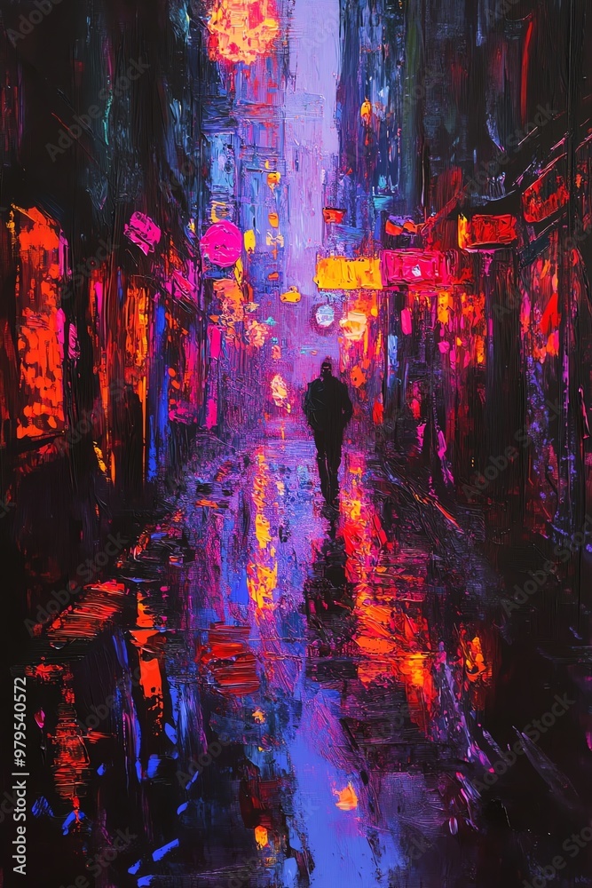 Dramatic low-angle perspective of a dystopian urban alleyway