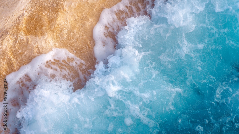 waves collide with the shore, spraying sand; a surfboard protrudes from the water waves collide with the shore, spraying sand; a surfboard protrudes from the water