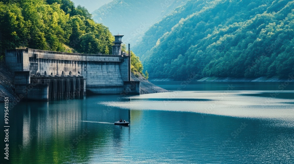 Obraz premium A serene lake formed by a hydroelectric dam, with a small boat gliding across the still water.