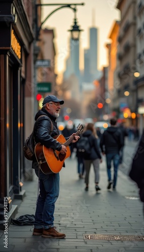 guitar performance and people walking on the street