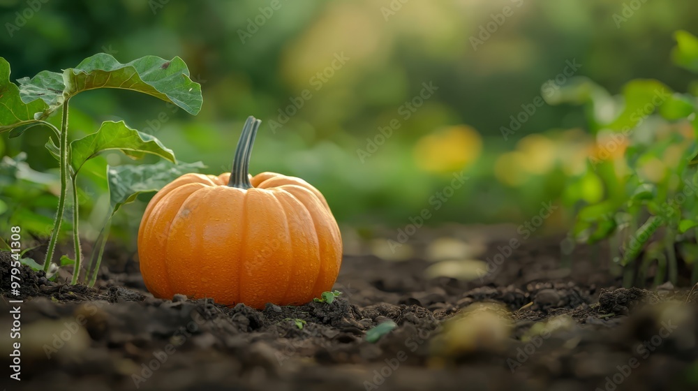 A small pumpkin sits at the center of a dirt patch, surrounded by a solitary plant rising from the ground A small pumpkin sits at the center of a dirt patch, surrounded by a solitary plant rising from the ground