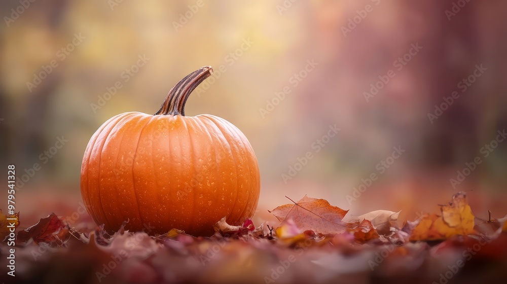 A clear-background orange pumpkin sits atop a mound of leaves Surrounding it, an expansive sea of golden leaves blankets the ground A clear-background orange pumpkin sits atop a mound of leaves Surrounding it, an expansive sea of golden leaves blankets the ground