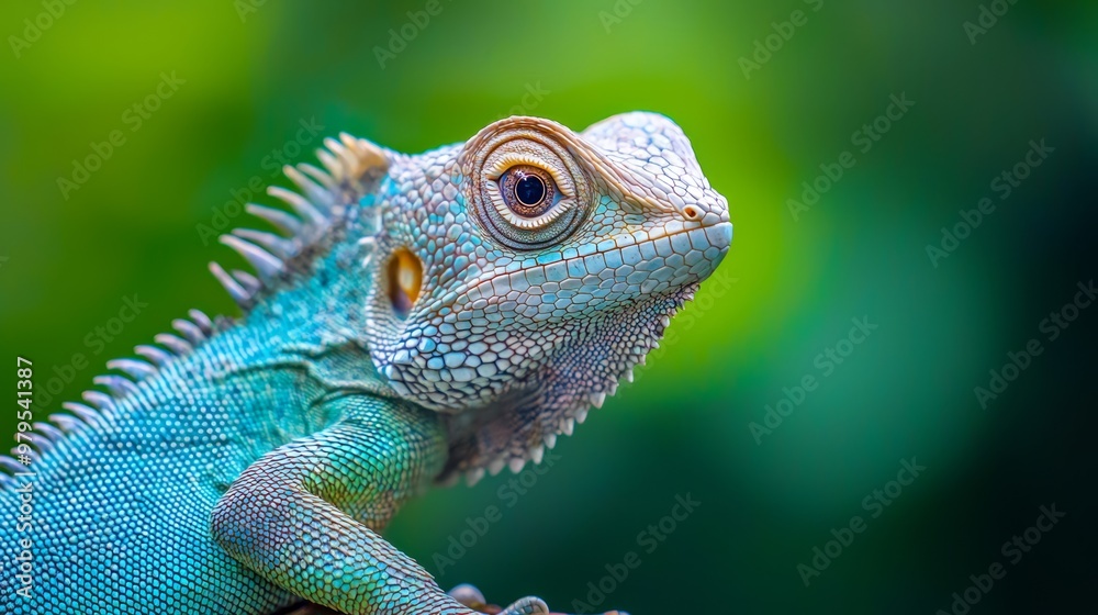 A tight shot of an iguana perched on a branch against a softly blurred background A tight shot of an iguana perched on a branch against a softly blurred background