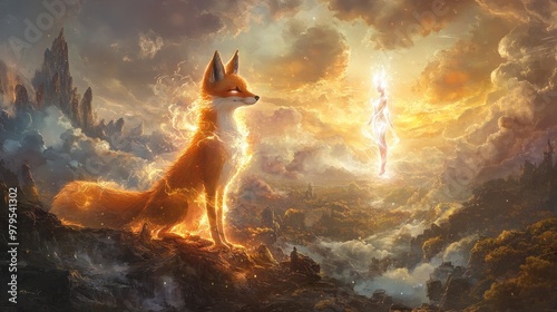 Ethereal Transformation: Kitsune Shifting from Fox to Human in Dramatic Landscape with Glowing Aura photo