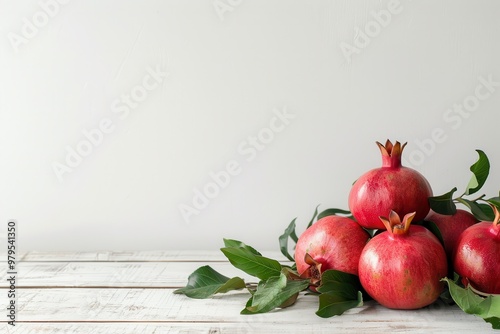 Pomegranates and green leaves on wooden table with white background room for text