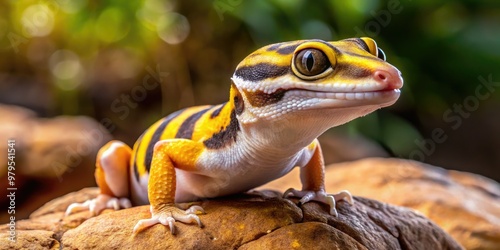 A colorful western banded gecko with vibrant yellow and brown stripes perches on a rock, gazing upward with large, round eyes, ready for its new home. photo
