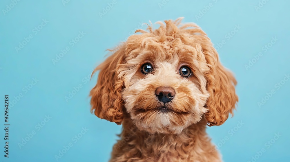 Cute Maltipoo dog puppy on light blue background. Copy space Cute Maltipoo dog puppy on light blue background. Copy space