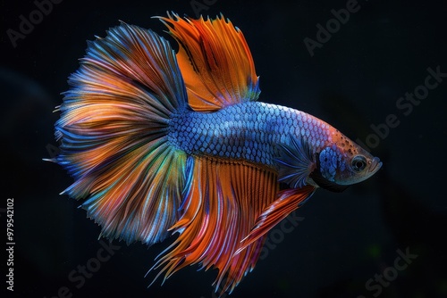 Rosetail Siamese fighting fish in multiple colors positioned on a natural background with clipping path photo