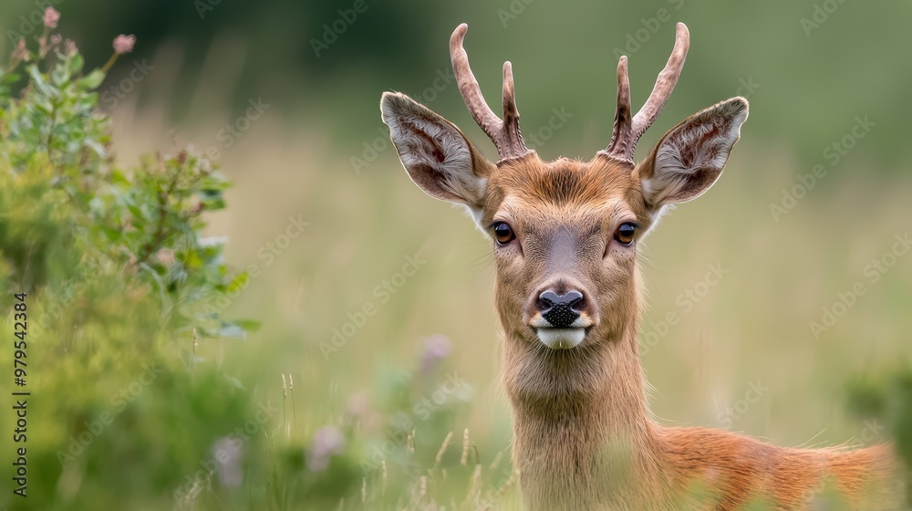 A deer, its antlers adorned, gazes intently from a sea of tall grass A deer, its antlers adorned, gazes intently from a sea of tall grass