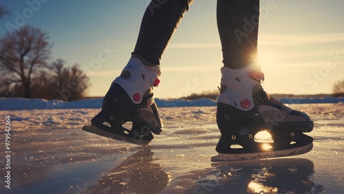 skate on the river. child playing on the river in winter. close-up legs child skating on ice in winter on the river nature. happy family kid dream concept. figure skating in lifestyle winter photo