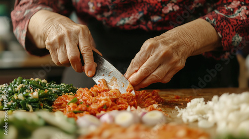 Senior korean woman chops vegetables for traditional kimchi
