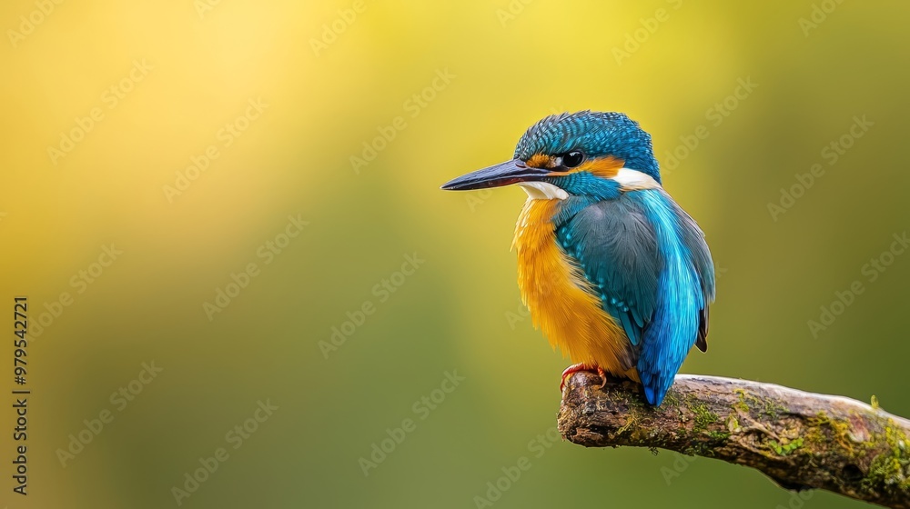 A vibrant bird perches on a tree branch against a blurred backdrop of green and yellow hues A vibrant bird perches on a tree branch against a blurred backdrop of green and yellow hues
