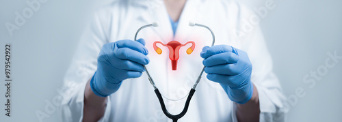 Canvastavla Medical worker holding stethoscope with virtual uterus reproductive system