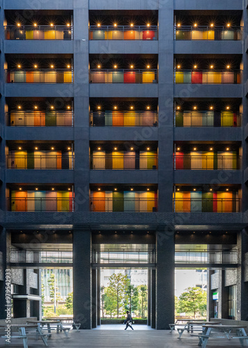 View of the colourful indoor workspace with many colourful doors and modern architecture, Koto City, Japan. photo