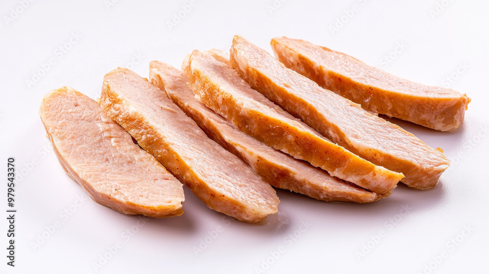 Thin slices of cooked chicken sausage are arranged on a white background. The sausage is light in color and casts a subtle shadow. Thin slices of cooked chicken sausage are arranged on a white background. The sausage is light in color and casts a subtle shadow.