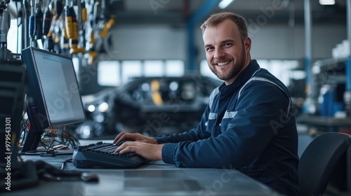 Smiling Mechanic Working on Laptop in Auto Repair Shop with Modern Car Parts Store in Background