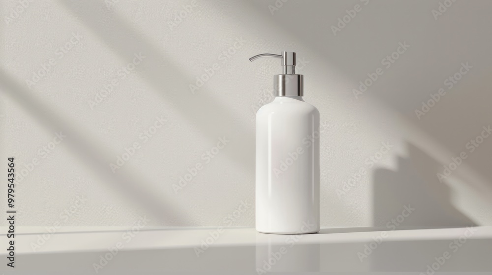 A minimalist white glass bottle with a silver pump dispenser A minimalist white glass bottle with a silver pump dispenser